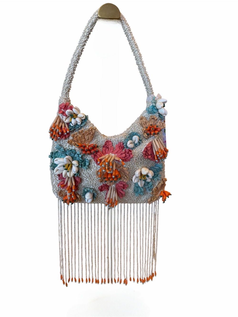 Beaded Floral Shoulder Bag in Cream with Orange & Aqua Accents